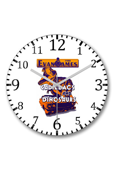 BASKI DÜNYASI ساعة حائط كاديلاك وديناصورات إيفان جيمز من الزجاج الحقيقي المنحني