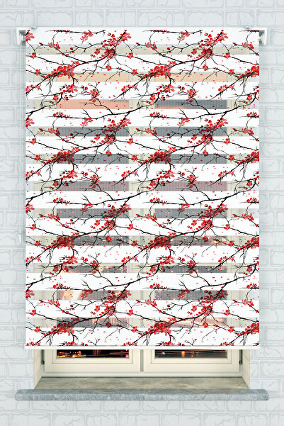 akel collection Mutfak Odası Kiraz Çiçekleri Desenli Baskılı Zebra Perde