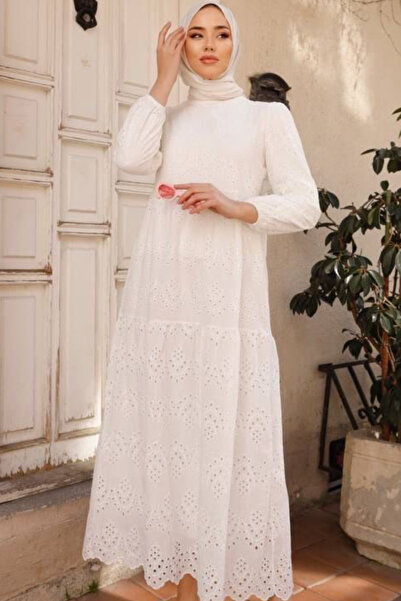 Bold Grup Дамска бяла бродерирана дантелена рокля Fisto Long Dress