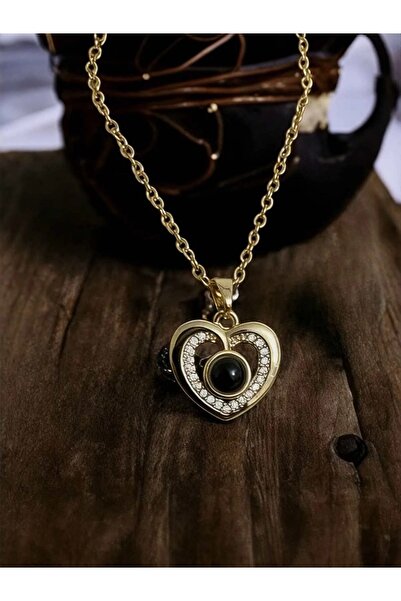 Herşey Nota 316L Çelik Gold Renk Kalp Figürlü 100 Dilde Seni Seviyorum Kolyesi