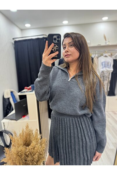 Butik Triko beli lastikli etek kazak takım antrasit