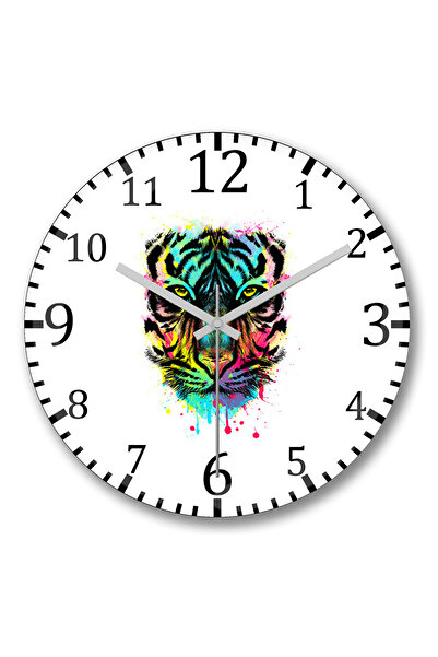 BASKI DÜNYASI Ceas de perete colorat Tiger Lion1 din sticlă autentică bombată