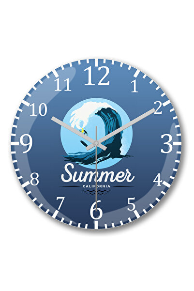 BASKI DÜNYASI ساعة حائط صيفية بأمواج كاليفورنيا من الزجاج الحقيقي المنحني