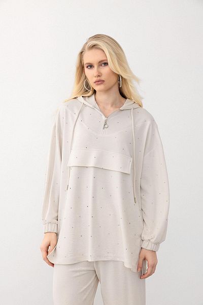 Olcay Sweatshirt-Hosenanzug aus Premium-Stoff mit Kapuze und Steinbesatz CREAM 7984-TK
