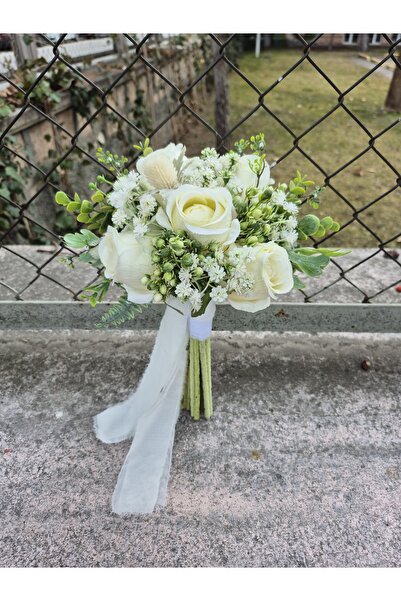 Buketlife Krem yeşil gelinbuketi gelinçiçeği ve yakaçiçeği