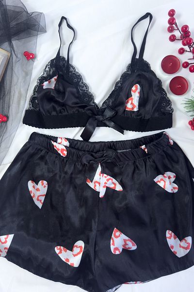 G&H UNDERWEAR - Set pijamale cu inimă neagră din satin