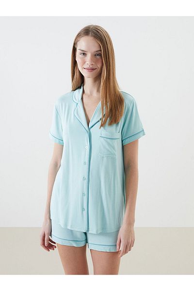 LC Waikiki Water Blue Shirt Collar Women's Shorts Pajamas Set