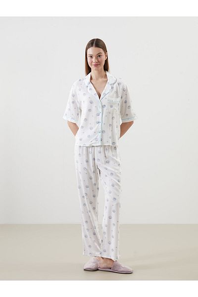 LC Waikiki Lcw Dream Ecru Shirt Collar Printed Women's Pajamas Set
