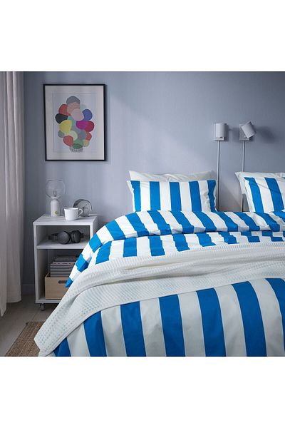 IKEA Комплект калъфи за завивка единичен, синьо-бял, размер: 150x200/50x60 см