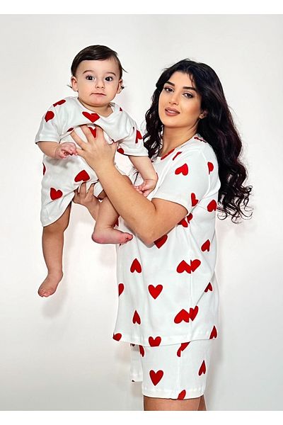 Drop Kids طقم بيجامة للأم والطفل شورت قصير بنمط قلب من KIRBİ Lepra