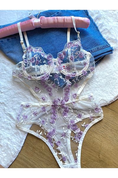 ARONA Λευκό Μωβ Floral Underwire Ruched Body Σετ πλυντηρίου
