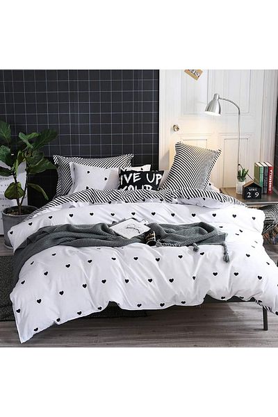 COOYA 3pcs Heart Twin Bedding Set,Black and White Heart-Shaped Pattern Striped Reversible,Hidden Zipper