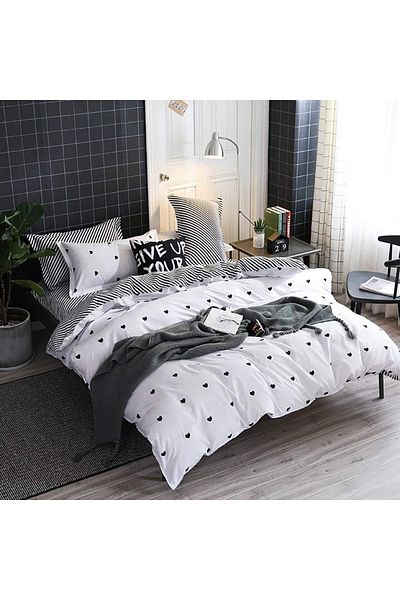 COOYA 3pcs Heart Twin Bedding Set,Black and White Heart-Shaped Pattern Striped Reversible,Hidden Zipper