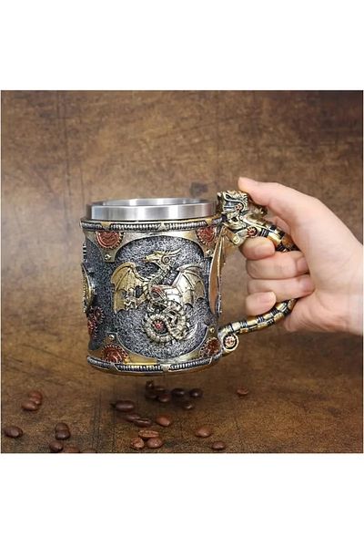 COOYA كوب تنين ميكانيكي من Steampunk Gearwork، من الفولاذ المقاوم للصدأ، هدية للرجال في عيد الأب، 14 أونصة