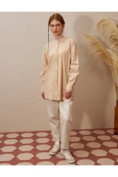 KYR Beige Back Brit Button Closure Seersucker Tunic