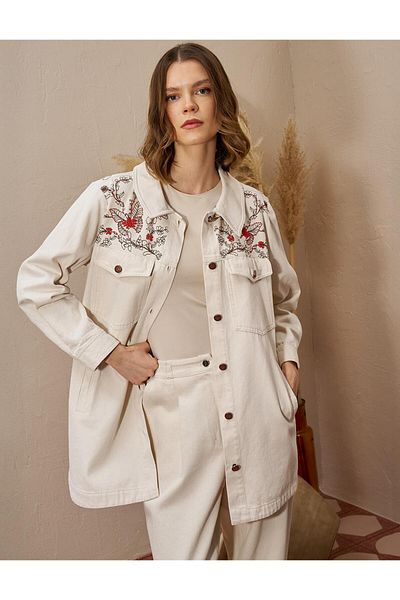 Kayra Jachetă din denim brodată în numerar și cremă揺