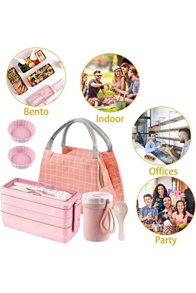 COOYA 3In1 Wheat Straw Bento Lunch Box Kit,Stackable Compartment,with Bag,Leakproof Microwave-Safe,Pink