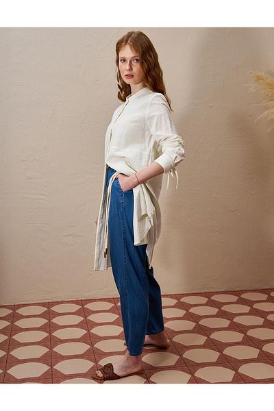 KYR Ecru Seersucker Long Tunic Judge Collar