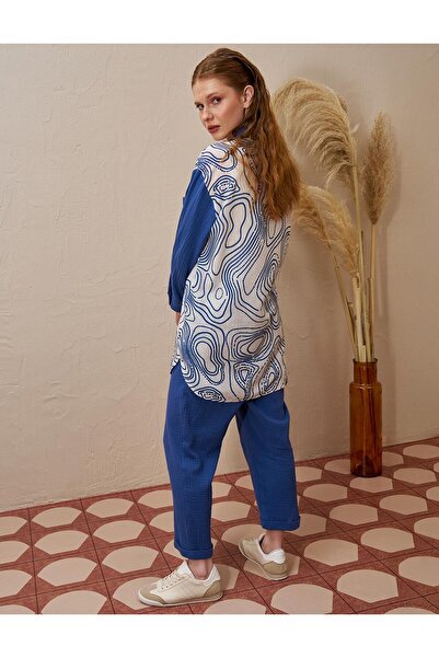 Kayra Müslin Garnili Baskılı Tunik İndigo