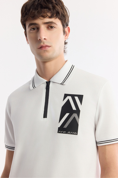 Avva Tricou alb pentru bărbați, cu guler polo, imprimat, 100% bumbac, cu croiala normală A51Y1167