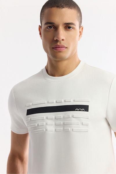 Avva Ανδρικό μπλουζάκι Ecru Crew Neck Flexi & Seersucker με λεπτομέρεια εκτύπωσης Interlock A51Y1002