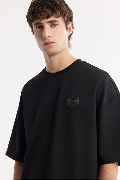 Avva Men's Black Crew Neck Oversize Applique Print Detailed 2'İplik T-Shirt A51Y1082