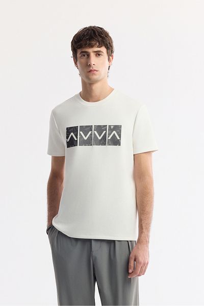 Avva Men's Ecru Crew Neck Hologram Printed Interlock T-Shirt A51Y1092