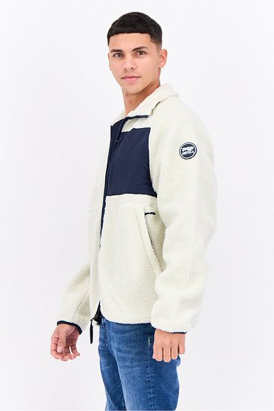 Perry Ellis Men Brand Logo Long Sleeve Sherpa Jacket, White