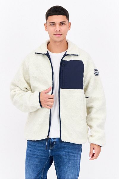Perry Ellis Men Brand Logo Long Sleeve Sherpa Jacket, White