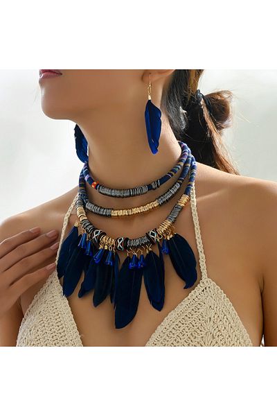 Choice Blue Fashion Vintage Ethnic Feather Choker Necklace Earrings Set For Women Multilayer Nekclace Earri
