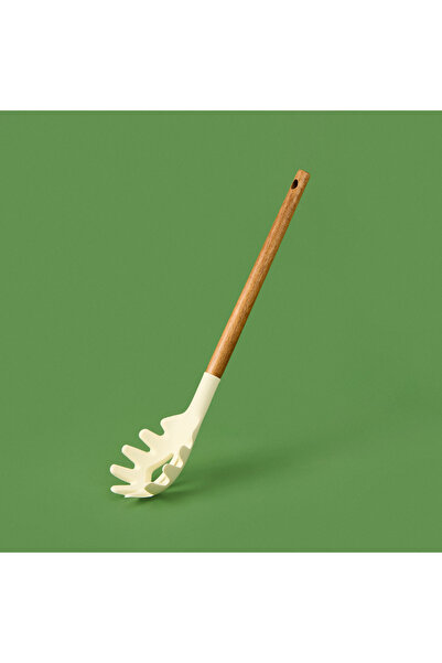 MİEN Beige/Brown Silicone Pasta Colander, 32 Cm, Acacia Handle, Stylish and Convenient