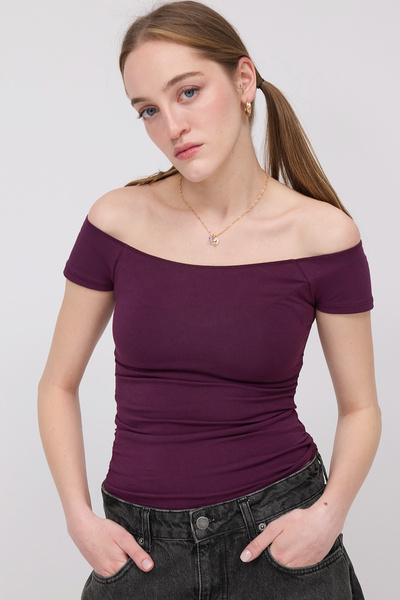 Addax Boat Neck Side Gathered T-Shirt P1595