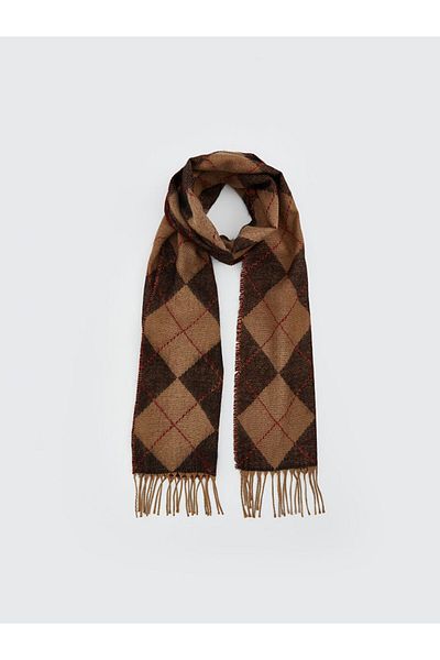 LC Waikiki Lcw Accessories Brown Plaid Pattern Tassel Men's Scarf