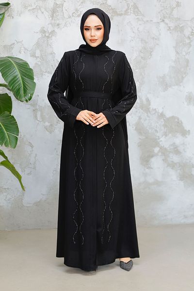 Neva Style Abaya hijab neagră brodata cu margele 29117S