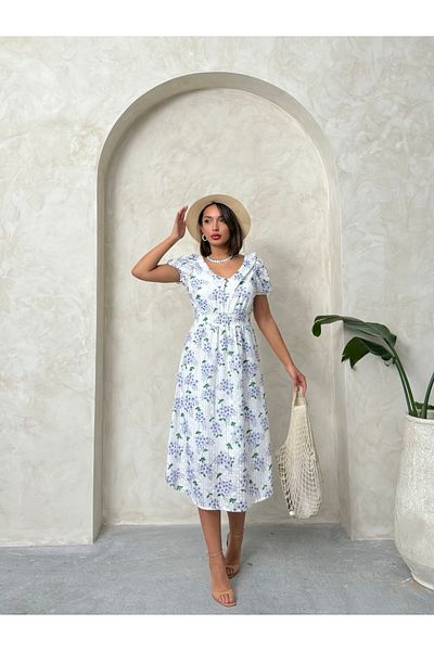 Miss Allos Rochie de damă cu guler pentru păpuși, cu talie, cu modele florale, lungime midi