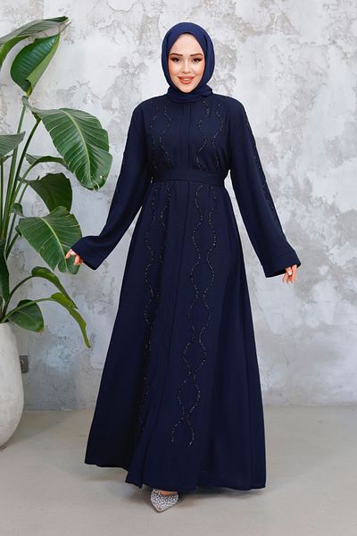 Neva Style Χάντρες Κεντημένο Navy Blue Hijab Abaya 29117L