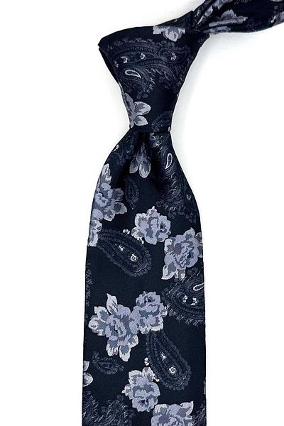 Kravatkolik Black Flower Pattern Classic Tie with Handkerchief Kk13142