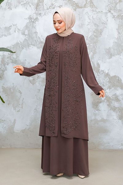 Neva Style Χάντρες Κεντημένο Dark Mink Hijab Abaya 29121KV
