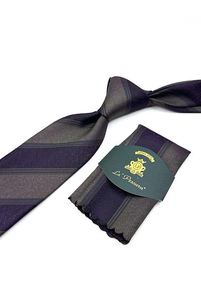 Kravatkolik Brown - Purple Line Pattern Classic Tie with Handkerchief Kk13150