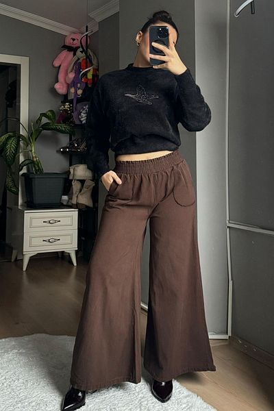 Qenz Brown Wide Leg Gabardine Trousers