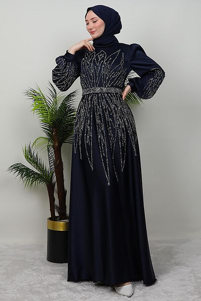 GİZ AGİYİM Ikbal Stoned Satin Evening Dress Navy Blue
