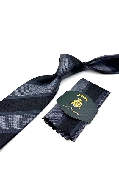 Kravatkolik Gray - Black Stripe Pattern Classic Tie with Handkerchief Kk13149