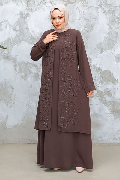 Neva Style Χάντρες Κεντημένο Dark Mink Hijab Abaya 29121KV