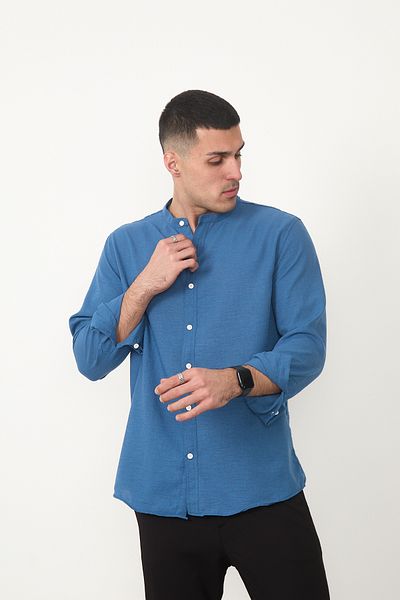 JR Boutique Мъжка риза с дълъг ръкав и без джобове, с яка тип съдия - синя