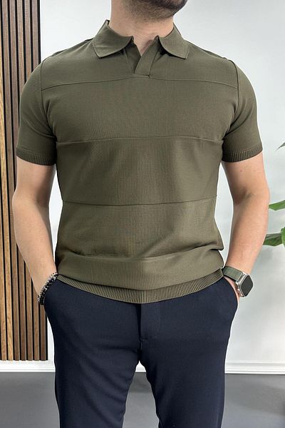 Edwox Ανδρικό μπλουζάκι με ανοιχτό γιακά Khaki Edw237
