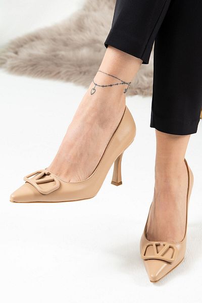Deery Beige Buckle Detailed Heeled Women's Shoes
