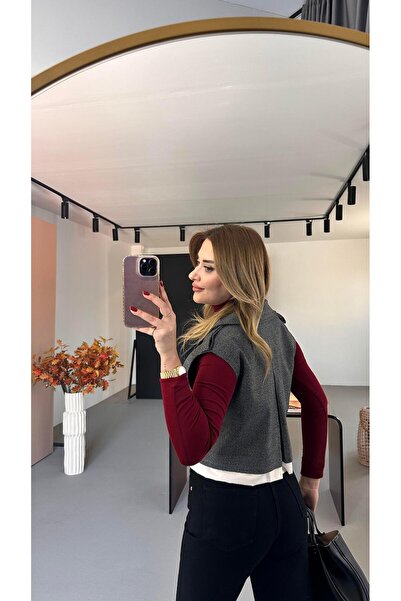 Sezgi Tekin Γκρι καρό γιλέκο με λεπτομέρεια Poplin