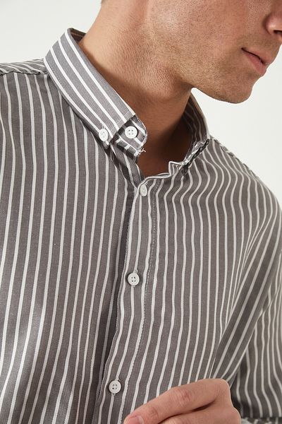 JR Boutique Ανδρικό ριγέ μακρυμάνικο πουκάμισο Slimfit - Γκρι