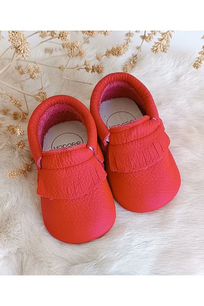 Hodore Rocco Red Genuine Leather Baby Booties Moccasin