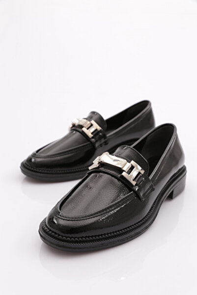 DGN Kadın Loafer Ayakkabı Siyah Kırışık Rugan 26234972110112322